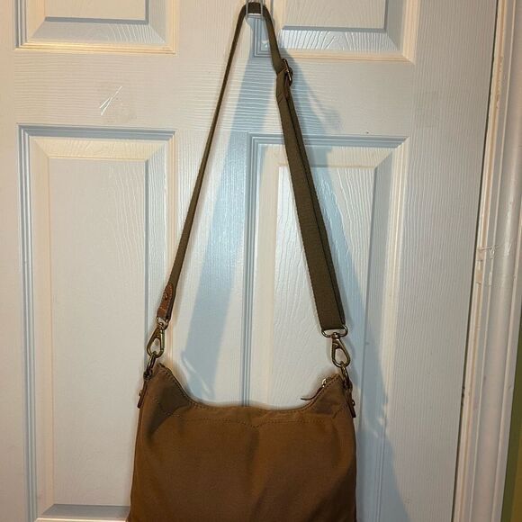 Fossil Brown canvas and yellow mustard suede medium shoulder/crossbody bag . - Picture 7 of 13